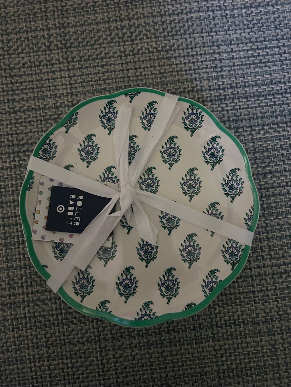 Roller Rabbit White Serving Plate with Green Trim and Floral Motif limited  edit